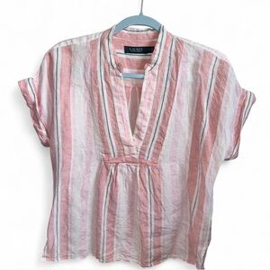 Ralph Lauren Pink and White Cuffed Sleeve Button Down Shirt - size L- 100% linen